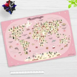 Cover-your-desk Schreibtischunterlage für Kinder Weltkarte in rosa mit Tieren in deutsch, aus hochwertigem Vinyl , 60 x 40 cm