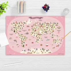 Cover-your-desk Schreibtischunterlage für Kinder Weltkarte in rosa mit Tieren in deutsch, aus hochwertigem Vinyl , 60 x 40 cm