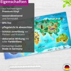 Cover-your-desk Schreibtischunterlage für Kinder und Erwachsene Weltkarte in deutsch mit vielen Tieren, aus hochwertigem Vinyl , 74 x 40 cm Outlet