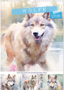 Wölfe. Zarte Aquarelle von beeindruckenden Tieren (Wandkalender 2026 DIN A3 hoch), Monatskalender-Calvendo Clearance